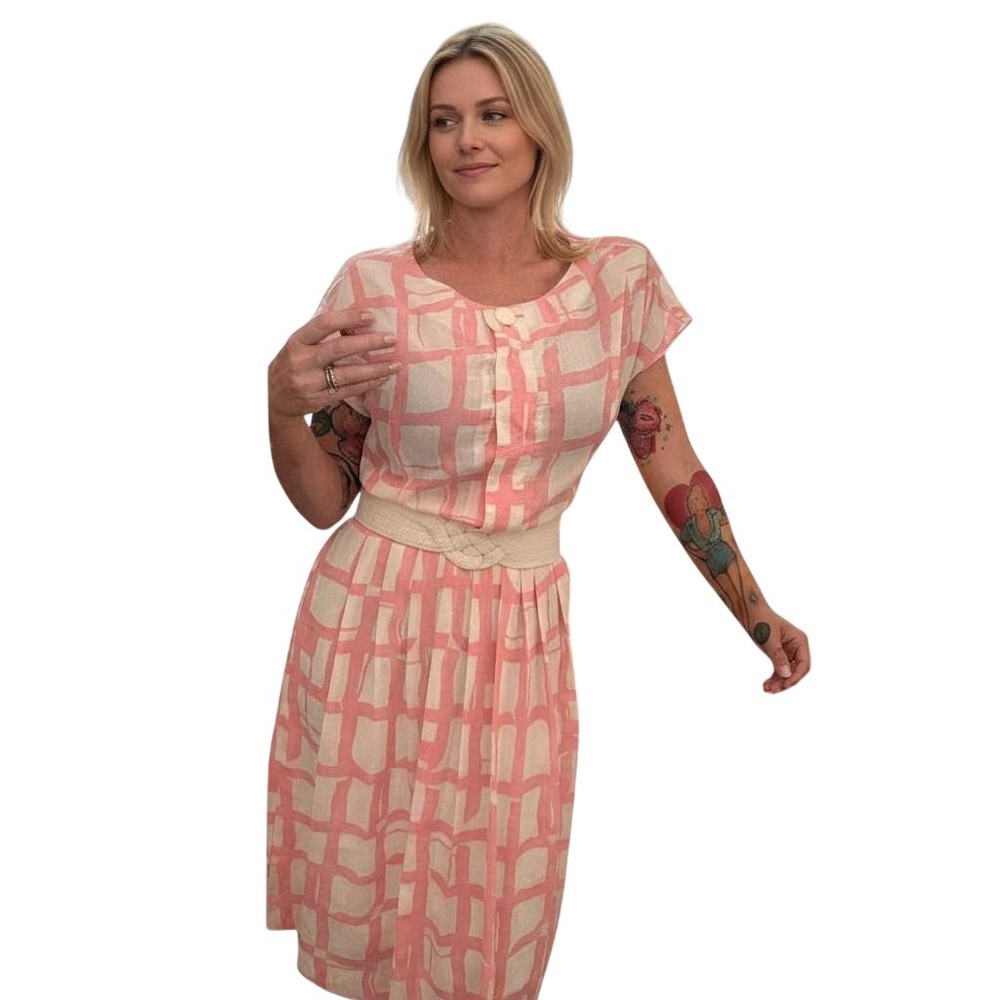 Abstract Grid Print Midi Brunch Party Dress Medium Pink White Vintage